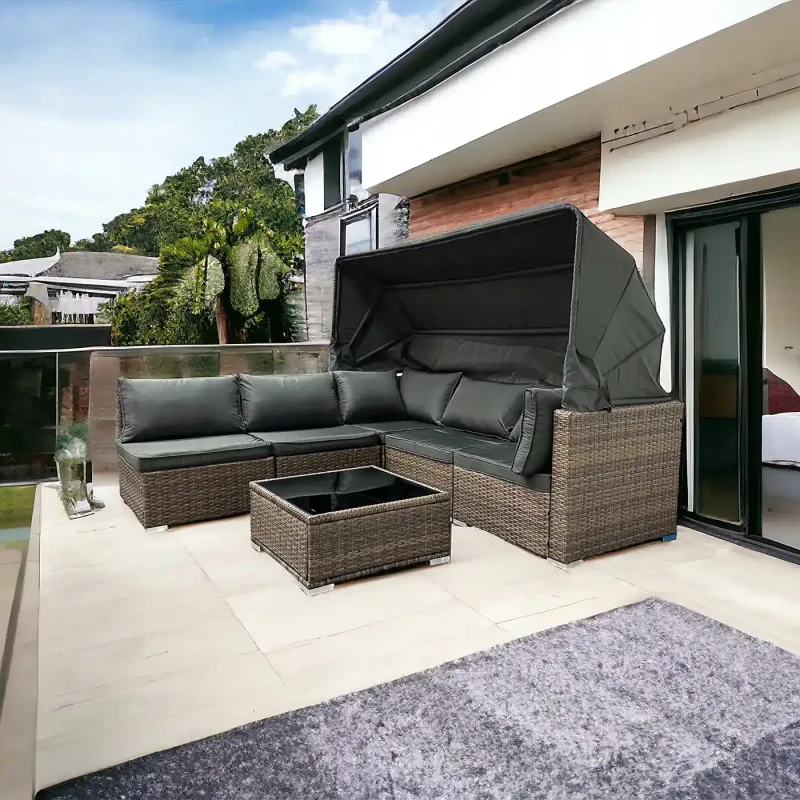 Zestaw ogrodowy wielofunkcyjny Elitar leżanka narożnik + stolik ze schowkiem Jasny brąz