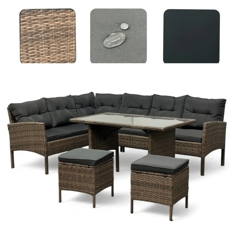 Narożnik ogrodowy z technorattanu Puerto BIG + stolik i 2x pufy Jasny Brąz