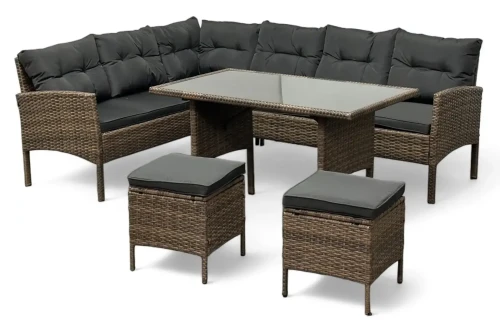 Narożnik ogrodowy z technorattanu Puerto BIG + stolik  i 2x pufy Jasny Brąz