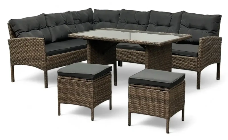 Narożnik ogrodowy z technorattanu Puerto BIG + stolik i 2x pufy Jasny Brąz