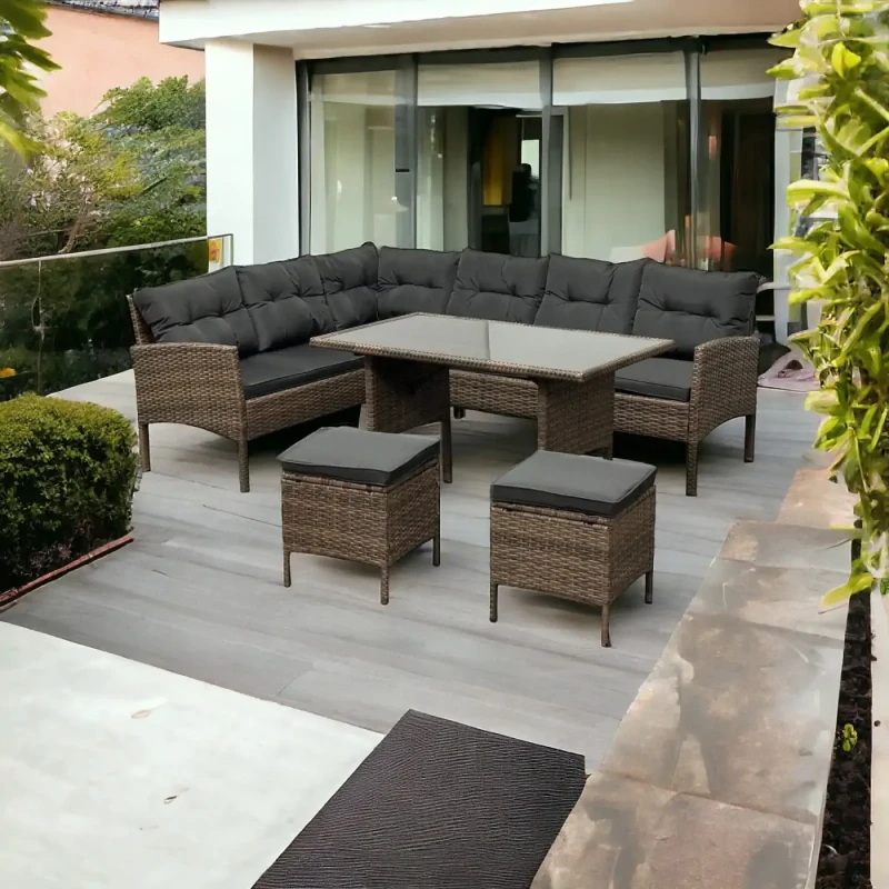 Narożnik ogrodowy z technorattanu Puerto BIG + stolik i 2x pufy Jasny Brąz