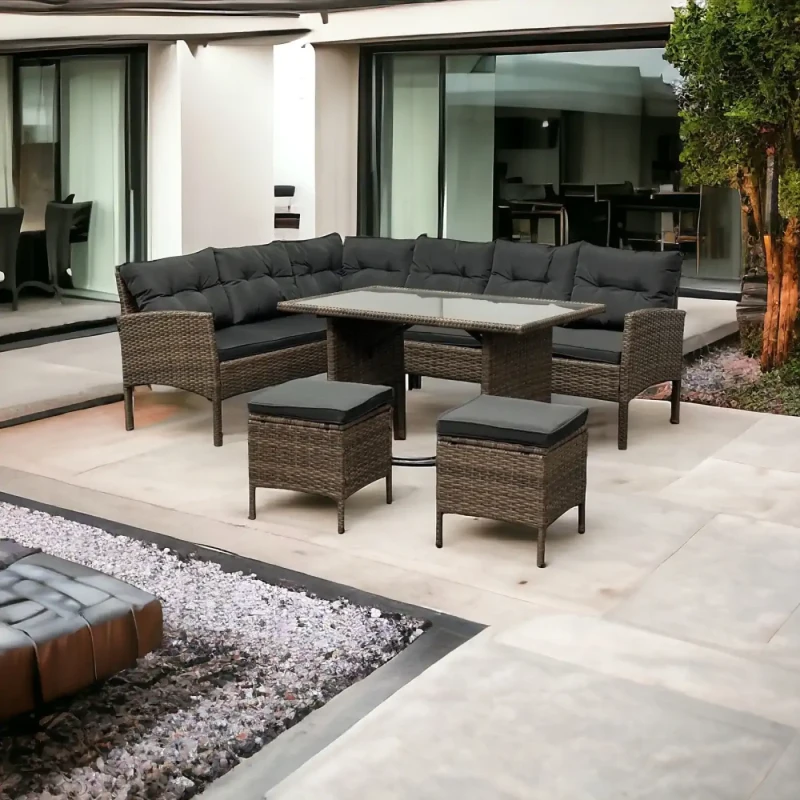 Narożnik ogrodowy z technorattanu Puerto BIG + stolik i 2x pufy Jasny Brąz