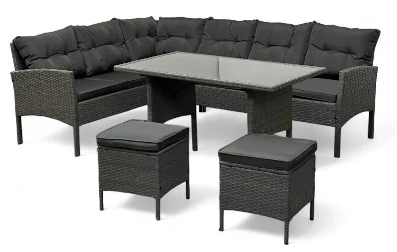 Narożnik ogrodowy z technorattanu Puerto BIG + stolik i 2x pufy Szary