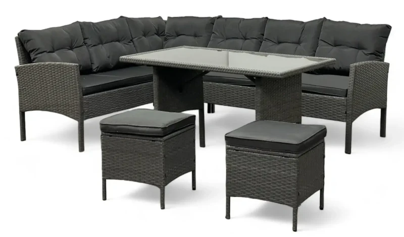 Narożnik ogrodowy z technorattanu Puerto BIG + stolik i 2x pufy Szary