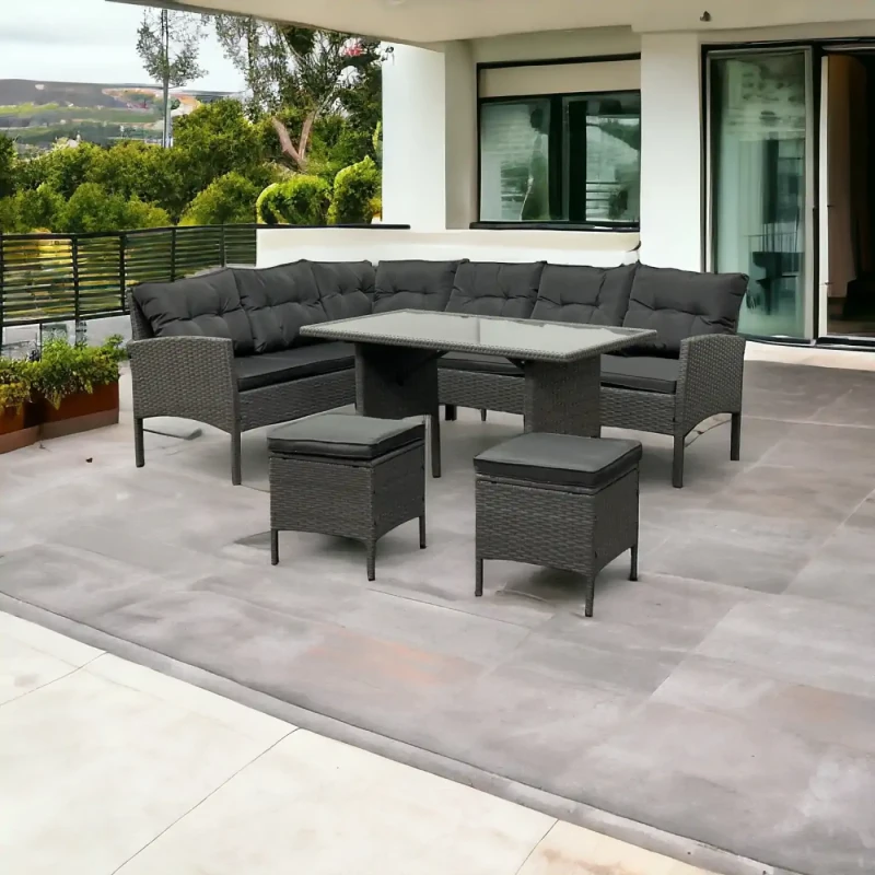 Narożnik ogrodowy z technorattanu Puerto BIG + stolik i 2x pufy Szary