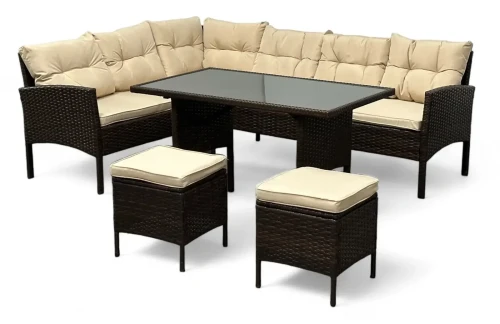 Narożnik ogrodowy z technorattanu Puerto BIG + stolik  i 2x pufy Brąz