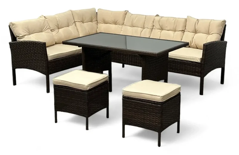 Narożnik ogrodowy z technorattanu Puerto BIG + stolik i 2x pufy Brąz