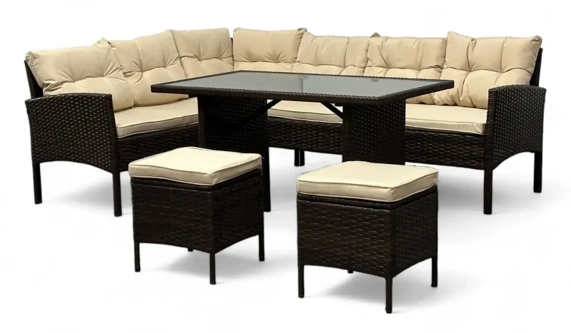 Narożnik ogrodowy z technorattanu Puerto BIG + stolik i 2x pufy Brąz