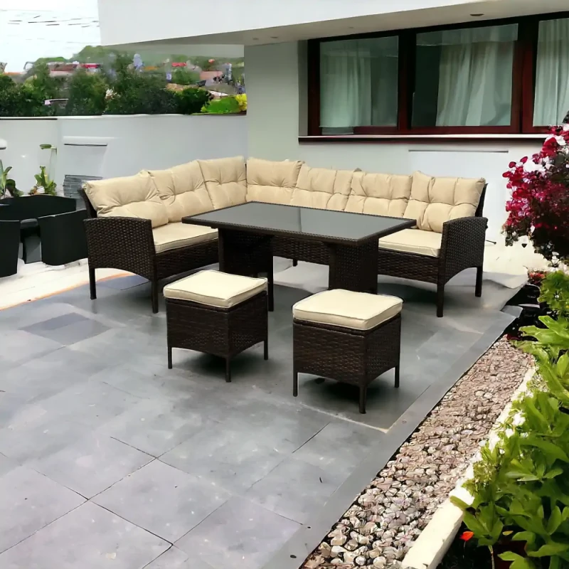 Narożnik ogrodowy z technorattanu Puerto BIG + stolik i 2x pufy Brąz