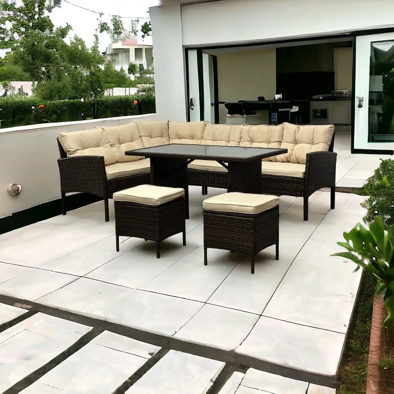 Narożnik ogrodowy z technorattanu Puerto BIG + stolik i 2x pufy Brąz