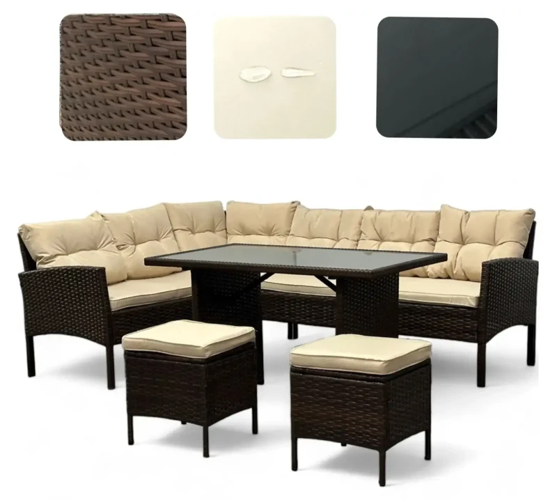 Narożnik ogrodowy z technorattanu Puerto BIG + stolik i 2x pufy Brąz