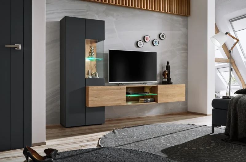 Meblościanka Try 210 cm z oświetleniem LED do salonu antracyt/dąb wotan