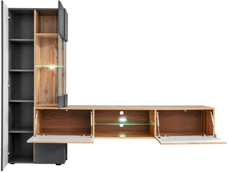 Meblościanka Try 210 cm z oświetleniem LED do salonu antracyt/dąb wotan