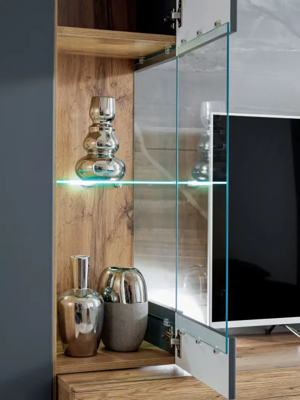 Meblościanka Try 210 cm z oświetleniem LED do salonu antracyt/dąb wotan
