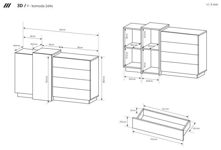 Komoda 3D z szufladami 160x45x93 cm biały + dąb craft złoty