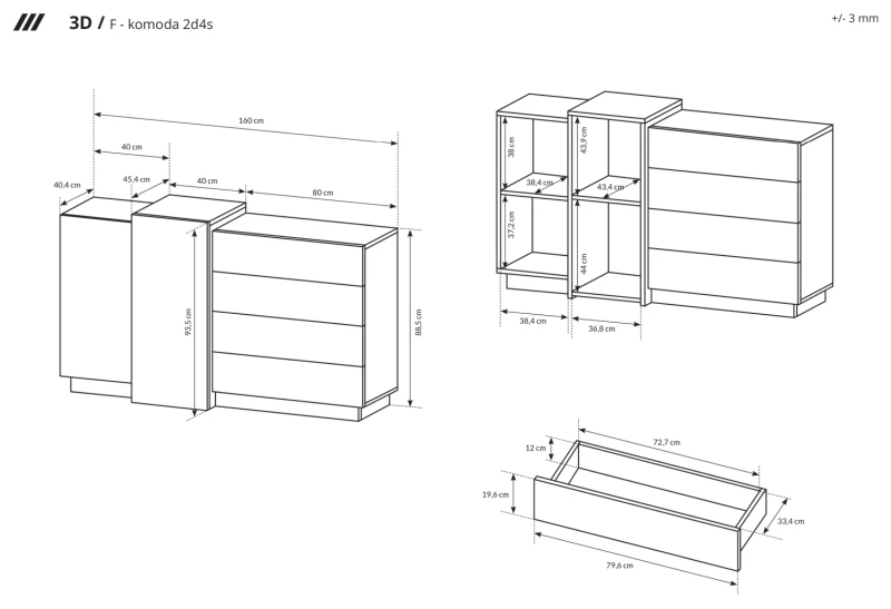 Komoda 3D z szufladami 160x45x93 cm biały + dąb craft złoty