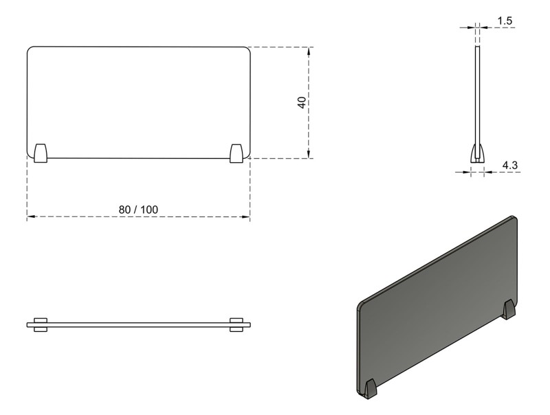Przegroda biurkowa 100x40 cm Biały/Szary