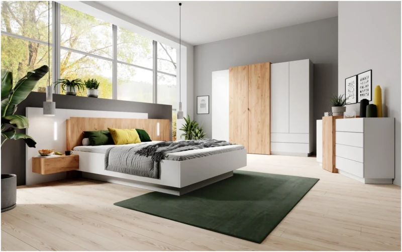 Łóżko 3D z pojemnikiem i stolikami nocnymi 160x200 cm biały + dąb craft złoty