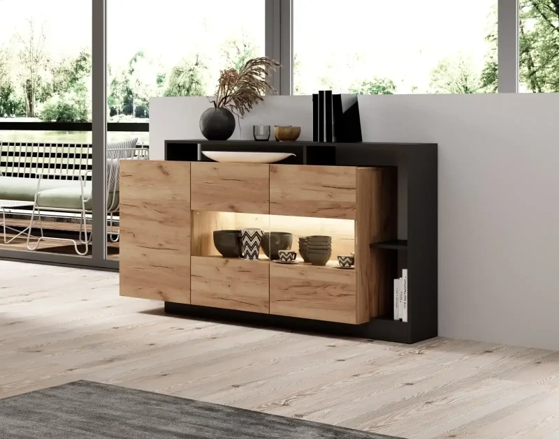 Komoda Alva z witryną 155 cm dąb craft + antracyt