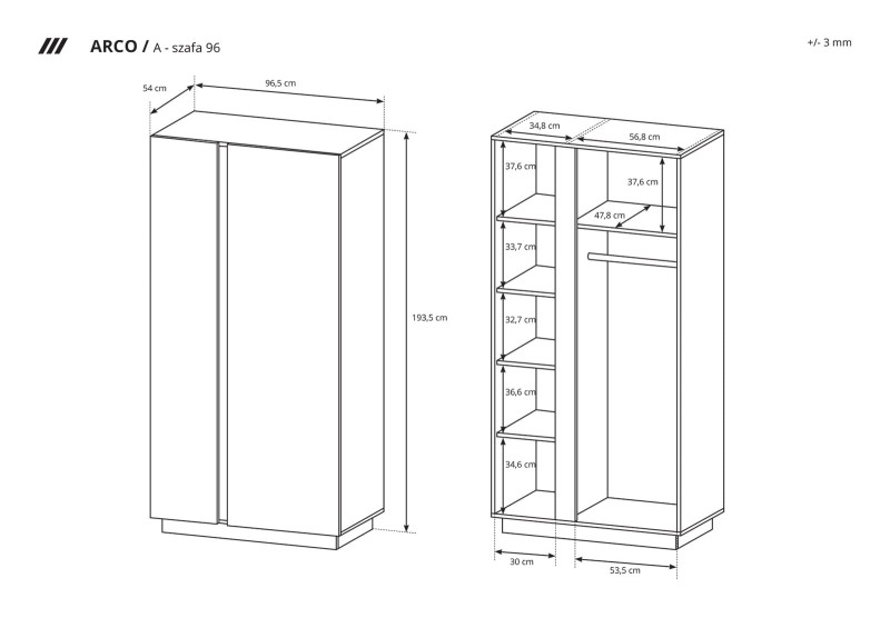 Szafa Arco wąska 96 cm biały połysk + dąb grandson  - wymiary