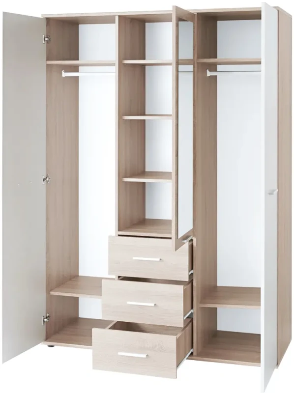 Szafa trzydrzwiowa Dino II 135 cm z lustrem biały mat/dąb sonoma