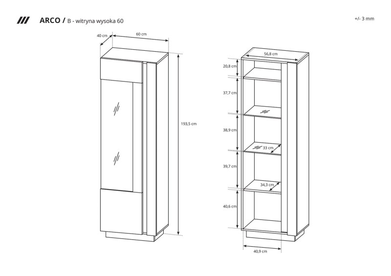 Witryna Arco wysoka 60 cm biały połysk + dąb grandson - wymiary