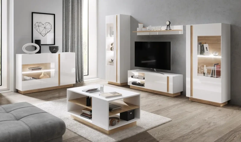 Witryna Arco niska 72 cm biały połysk + dąb grandson