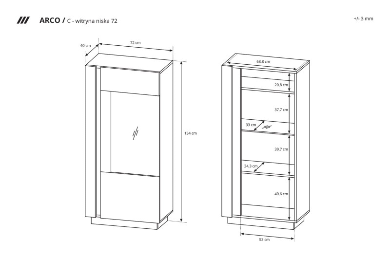 Witryna Arco niska 72 cm biały połysk + dąb grandson - wymiary