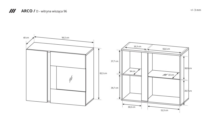 Witryna Arco wisząca 96 cm biały połysk + dąb grandson - wymiary