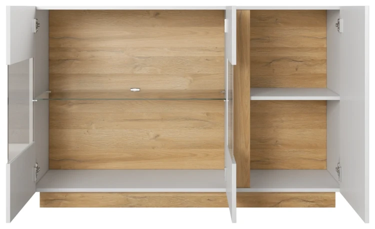 Komoda Arco z witryną 138 cm biały połysk + dąb grandson