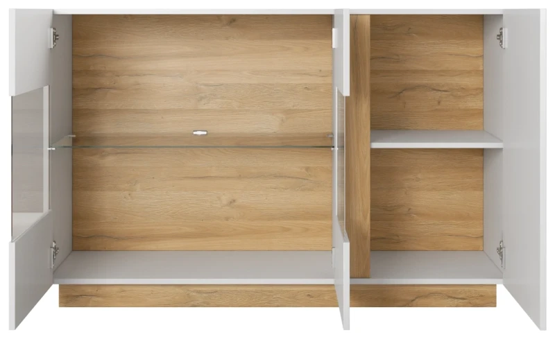 Komoda Arco z witryną 138 cm biały połysk + dąb grandson