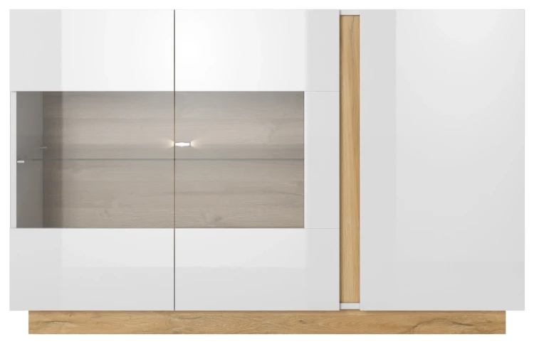 Komoda Arco z witryną 138 cm biały połysk + dąb grandson