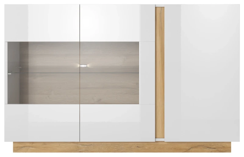 Komoda Arco z witryną 138 cm biały połysk + dąb grandson