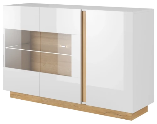 Komoda Arco z witryną 138 cm biały połysk + dąb grandson