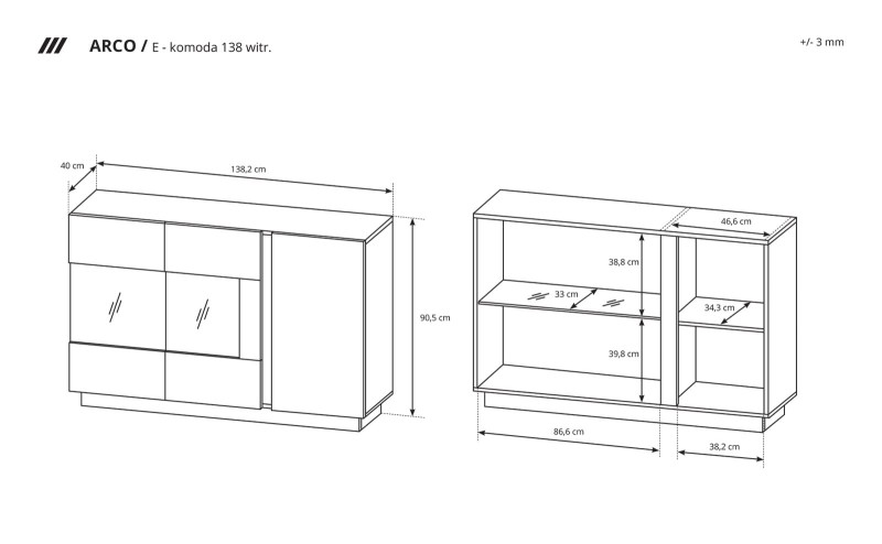 Komoda Arco z witryną 138 cm biały połysk + dąb grandson - wymiary