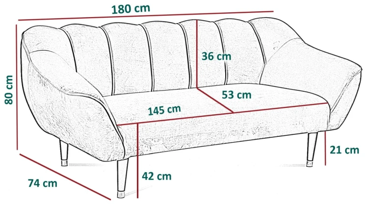 Sofa tapicerowana Molly III w stylu skandynawskim 48h - wymiary