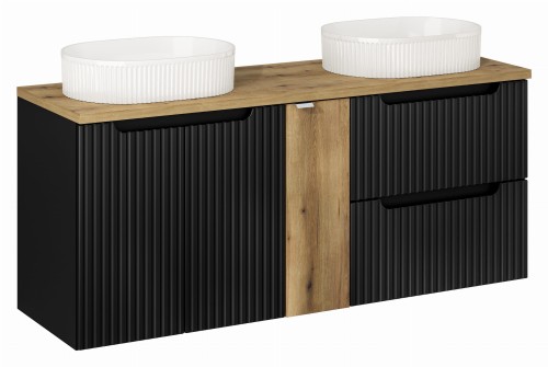 Zestaw mebli łazienkowych NOVA BLACK z dwoma umywalkami BEYOND i blatem dąb 140 cm - 6 elementów