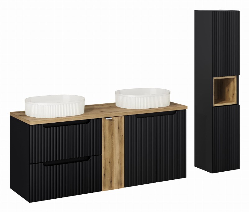 Zestaw mebli łazienkowych NOVA BLACK z dwoma umywalkami BEYOND i blatem dąb 140 cm - 8 elementów