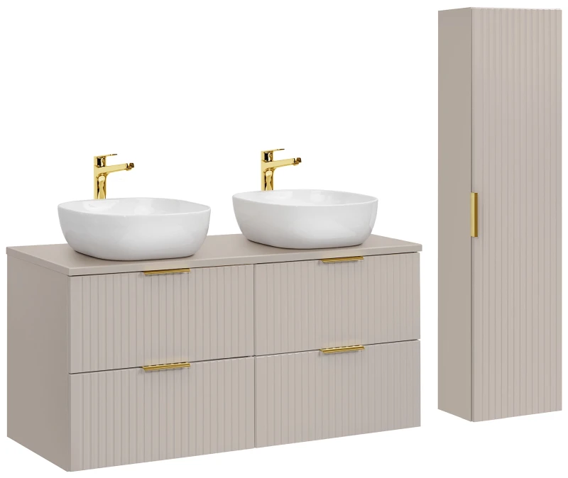 Zestaw mebli łazienkowych ADEL CASHMER z dwiema szafkami 60 cm, blatem 120 cm i słupkiem - aranżacja z umywalkami nablatowymi
