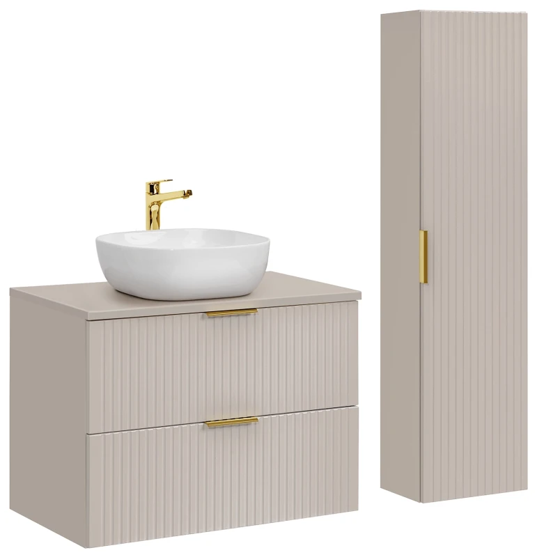 Zestaw mebli łazienkowych ADEL CASHMERE szafka 80 cm z blatem 80 cm -aranżacja z szafką wysoką ADEL CASHMERE 80-01-1D i umywalką nablatową CFP 6252 DP SMILE