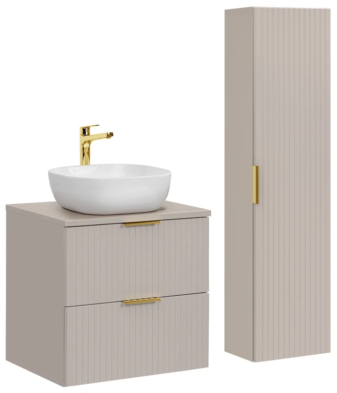 Zestaw mebli łazienkowych ADEL CASHMERE szafka 60 cm z umywalką SMILE i blatem 60 cm - aranżacja z szafką wysoką ADEL CASHMERE 80-01-1D