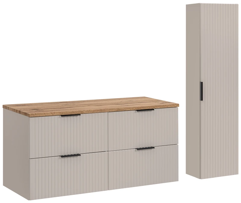 Zestaw mebli łazienkowych ADEL CASHMERE z blatem wotan 120 cm - aranżacja z szafką wysoką ADEL CASHMERE 80-01-1D