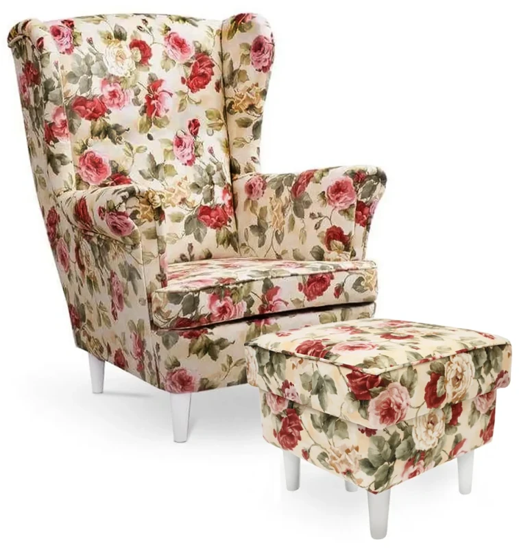 Fotel uszak Lily Kwiaty z podnóżkiem w stylu skandynawskim