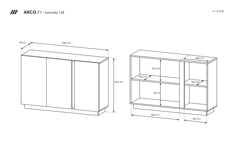 Komoda Arco trzydrzwiowa 138 cm biały połysk + dąb grandson