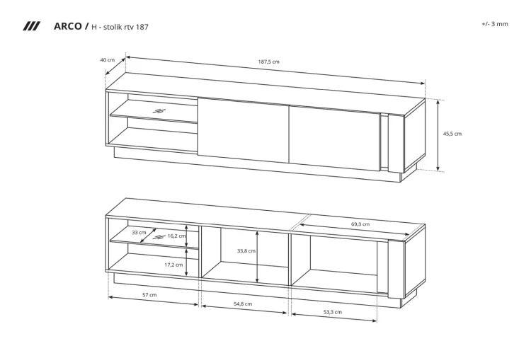 Stolik RTV Arco z LED 187 cm biały połysk + dąb grandson