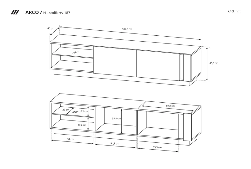 Stolik RTV Arco z LED 187 cm biały połysk + dąb grandson
