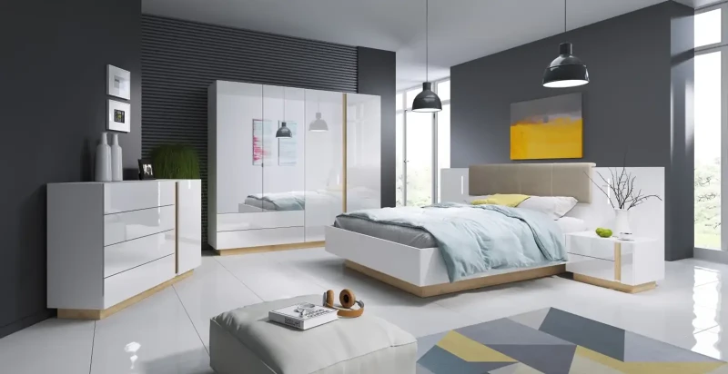 Szafa Arco z lustrem 220 cm biały połysk + dąb grandson