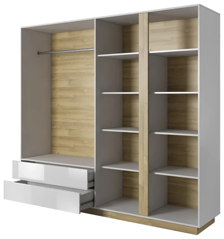 Szafa Arco z lustrem 220 cm biały połysk + dąb grandson