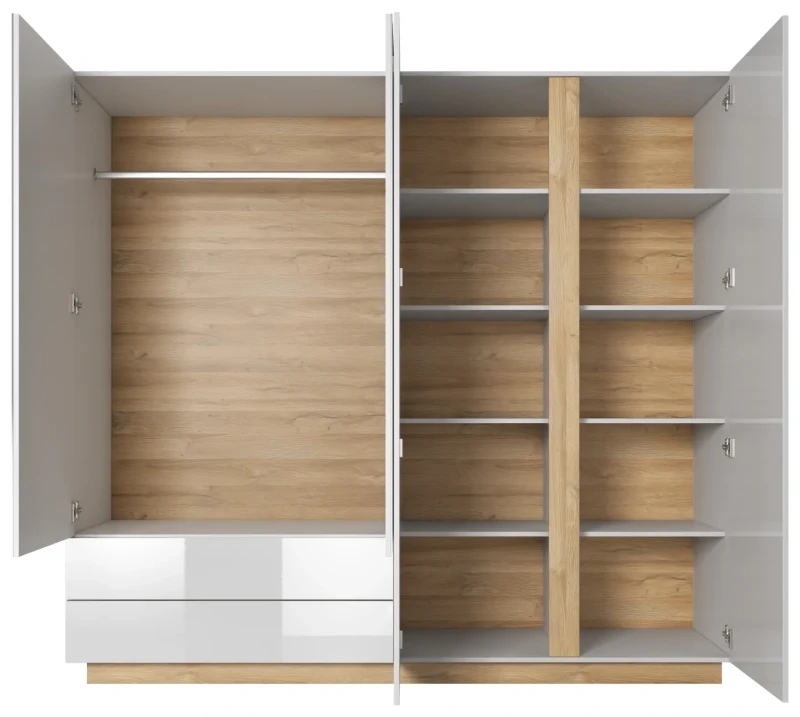 Szafa Arco z lustrem 220 cm biały połysk + dąb grandson