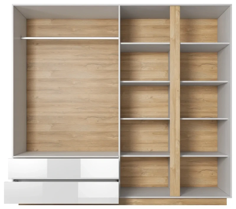 Szafa Arco z lustrem 220 cm biały połysk + dąb grandson